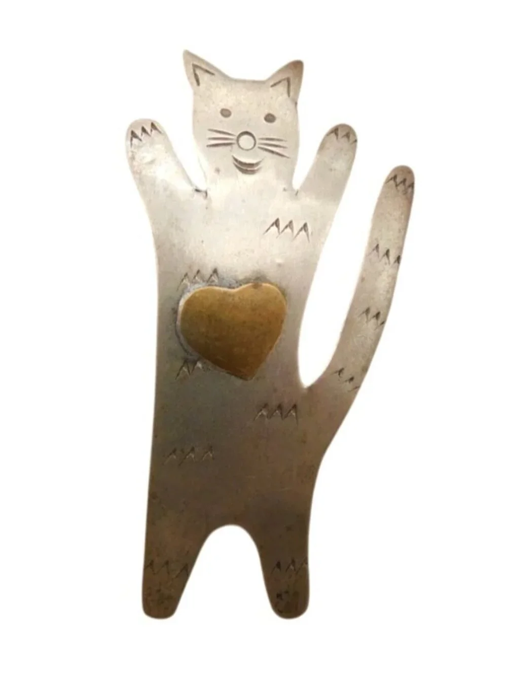 Silver Tone Cat Pin Brooch With Brass Heart Accent 2.25 Inch Not Marked